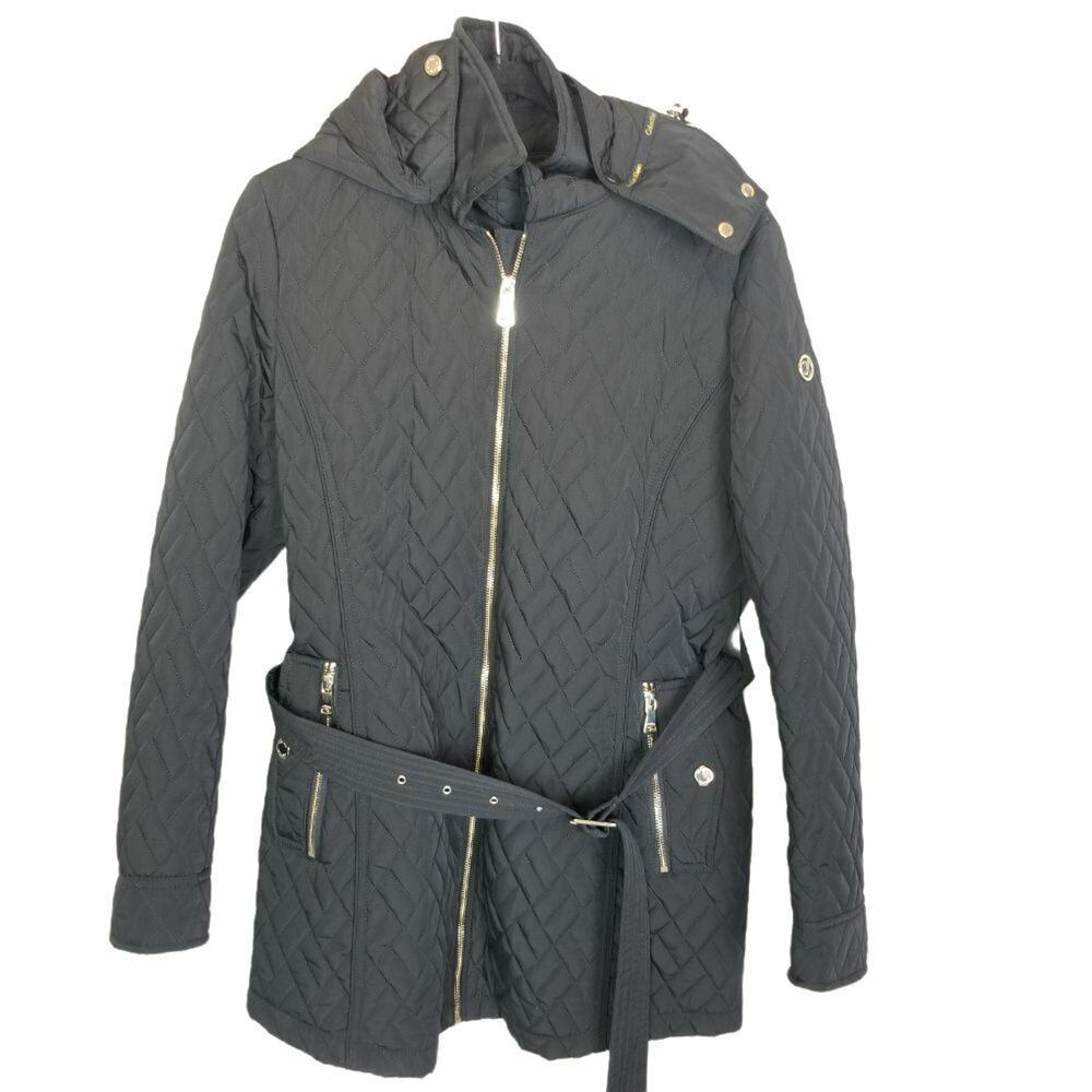 Calvin Klein Womens Quilted Full Zip Hooded Jacket Sz L Designer Minimalist Coat